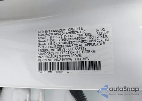 2023 Honda Pilot Awd Touring z USA, uszkodzony, nr VIN 5FNYG1H73PB048402